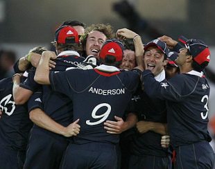 England celebrate their three-run win which knocked India out of the ICC World Twenty20