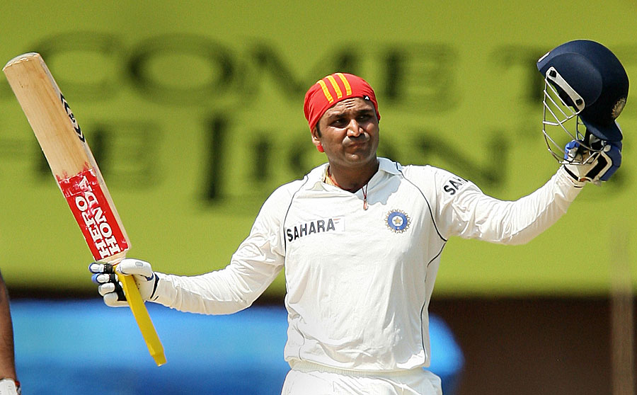 Virender Sehwag celebrates second triple century in Test in Chennai against South Africa on 26 Mar 2008.