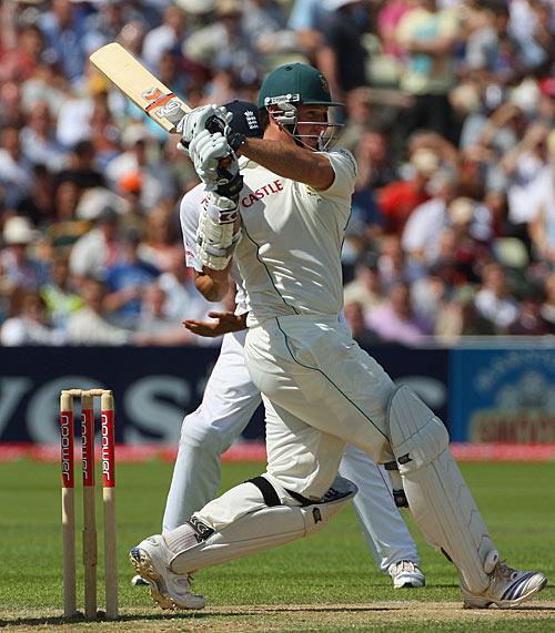Graeme Smith cracks one off the back foot as he 16th Test Century on Saturday.