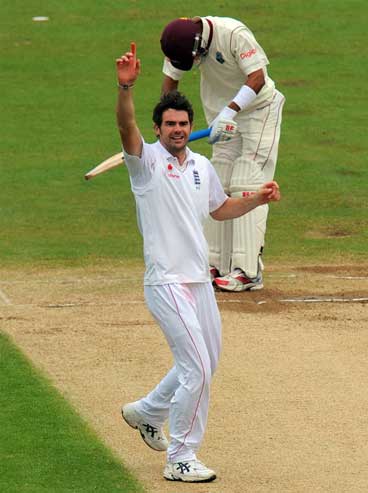 Man of the match James Anderson (9 for 125 in match) appeals unsuccessfully for the wicket of Lendl Simmons.