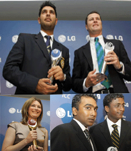 Yuvraj Singh and Simon Taufel (top), Charlotte Edwads (bottom left) and Jayawardene & Mendis (bottom right) recieve our ICC awards.