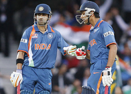 Gautam Gambhir celebrates with teammate Rohit Sharma during the Twenty20 World Cup warm-up match against Pakistan.